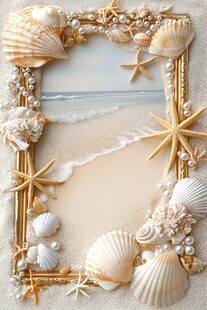 贝壳装点的海边相框美景