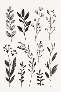 手绘植物枝叶图案集合
