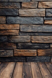 石墙木地板背景纹理图