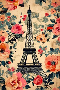 埃菲尔铁塔与花卉艺术插画