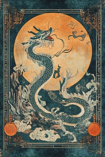 中式龙图 蛟龙戏月显神韵