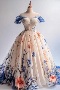 梦幻花卉露肩蓬蓬裙礼服