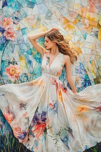 花裙女子于绚丽背景中舞动