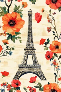埃菲尔铁塔与烂漫花卉图案