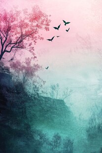 雾中粉树飞鸟梦幻景致