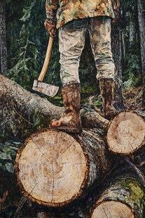伐木工立于原木之上