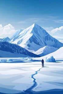 独行者漫步于冰雪山川间