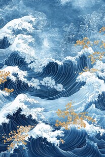 蓝白海浪间点缀金色元素