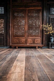 中式古雅木门与木地板场景