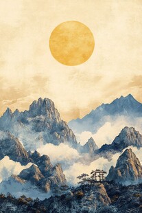 落日映山峦 山间隐古亭