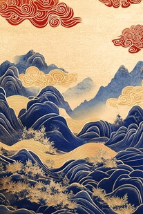 中式山水云纹国风插画