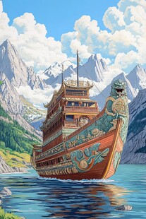 古风巨船行于山水间