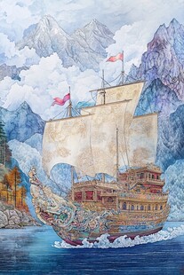 古帆船于山水间破浪前行