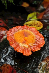 橙红蘑菇绽放湿润石面