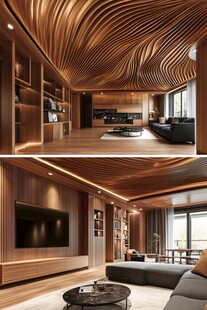 木质波浪吊顶客厅3D效果图