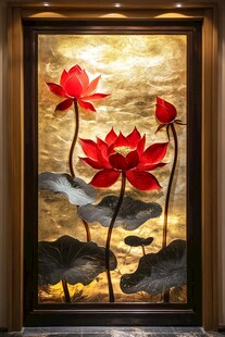 金色背景红荷中式艺术画