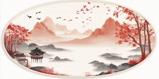 中式山水意境圆形装饰画