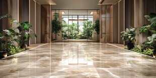 豪华大厅绿植环绕大理石地面