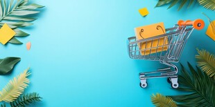 蓝色背景下的购物车与礼品