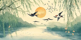 春日燕舞河畔美景