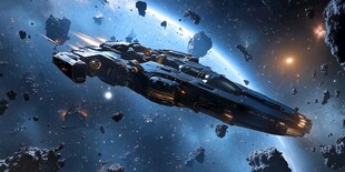 星际战舰穿梭于陨石群中