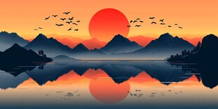 夕阳下山水飞鸟静谧美景