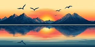 日落山水间飞鸟相伴景