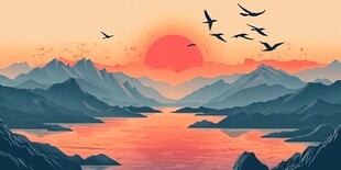 夕阳下飞鸟掠过山水画卷