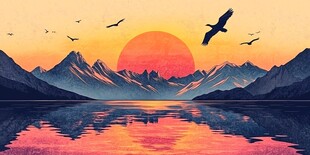 夕阳下的山水飞鸟美景