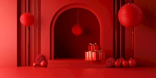 红色空间中的节日装饰场景