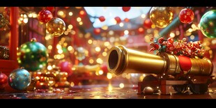 节日氛围中的金色装饰大炮