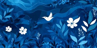 梦幻蓝调花鸟植物风景图