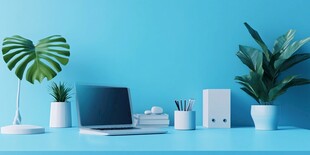 清新办公桌面绿植电脑布置