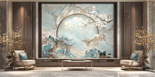 中式客厅的雅致山水壁画