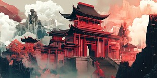 梦幻中式古建筑云雾景观