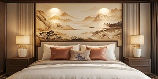 中式雅致卧室 山水壁画添韵