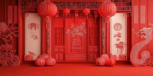 中式红色传统喜庆门庭场景