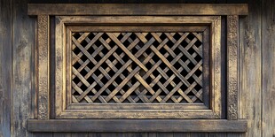 古旧木质雕花窗棂特写