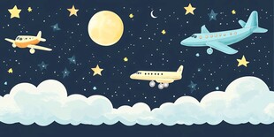 夜空下飞行的多彩飞机