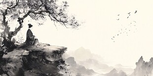 独坐崖畔赏景的古装人物