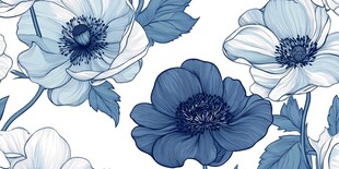 蓝白银莲花花卉图案