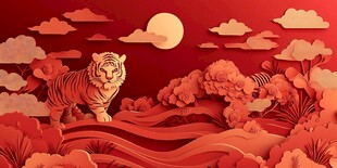 虎年月夜山水剪纸图景