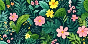 热带花卉绿叶繁茂图案