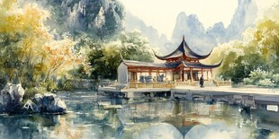 湖畔古亭 山水诗意画卷