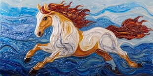 奔腾骏马于蓝色浪潮间