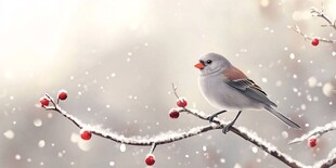 雪中鸟儿栖于红果枝头