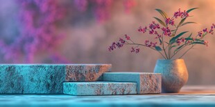 简约石台旁的雅致花瓶花卉