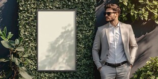 男士倚墙而立与空白展板