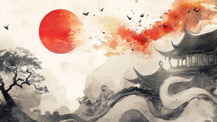 夕阳下的中式山水楼阁