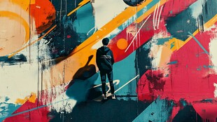 男孩凝视多彩抽象涂鸦墙